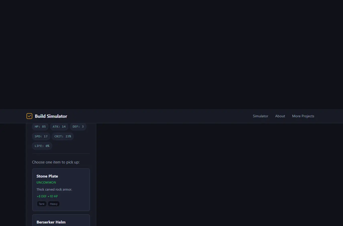 Screenshot of Roguelike Build Simulator interface showing the project page in use